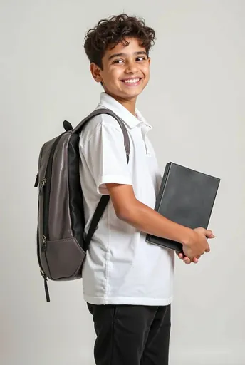 Smiling student in a white school shirt with a backpack