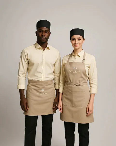 Two chefs in cream shirts and tan aprons