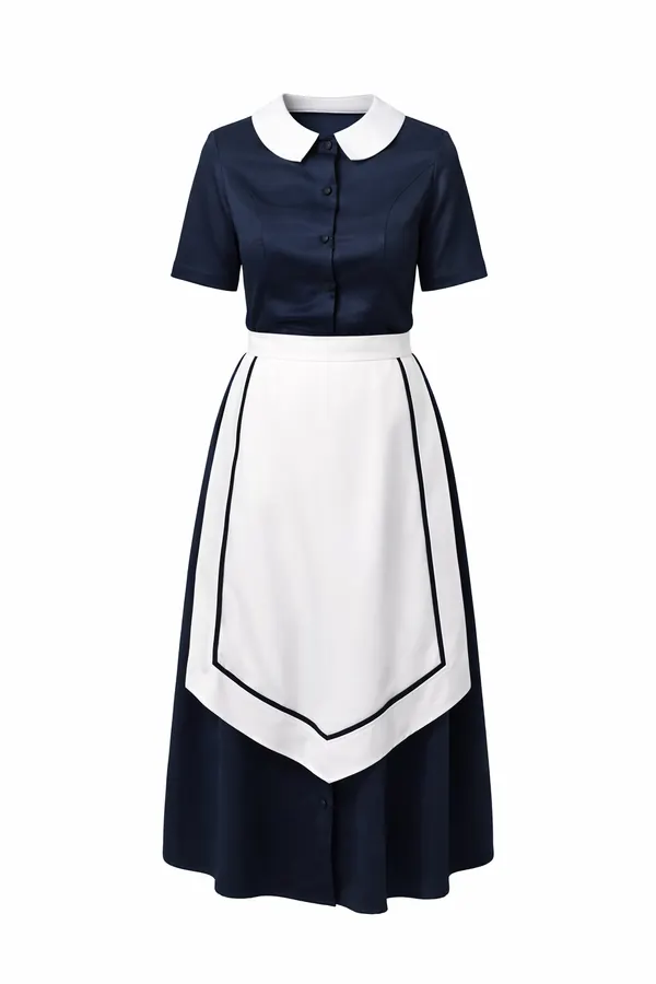 Navy housekeeping dress with a white collar and white apron