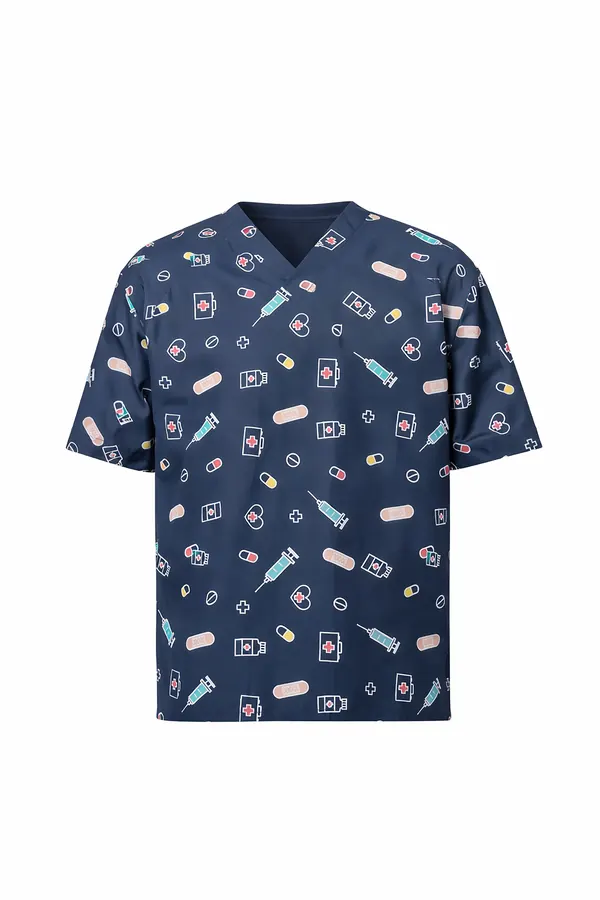 Navy scrub top printed with small medical icons