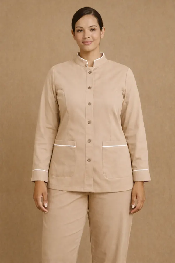Beige stand-collar tunic jacket with white piping and matching trousers