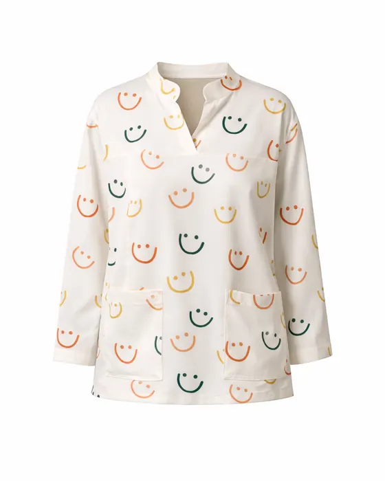 Cream long-sleeve pyjama shirt with a small all-over print
