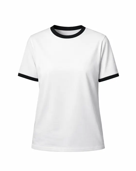 White ringer tee with black collar and sleeve bands