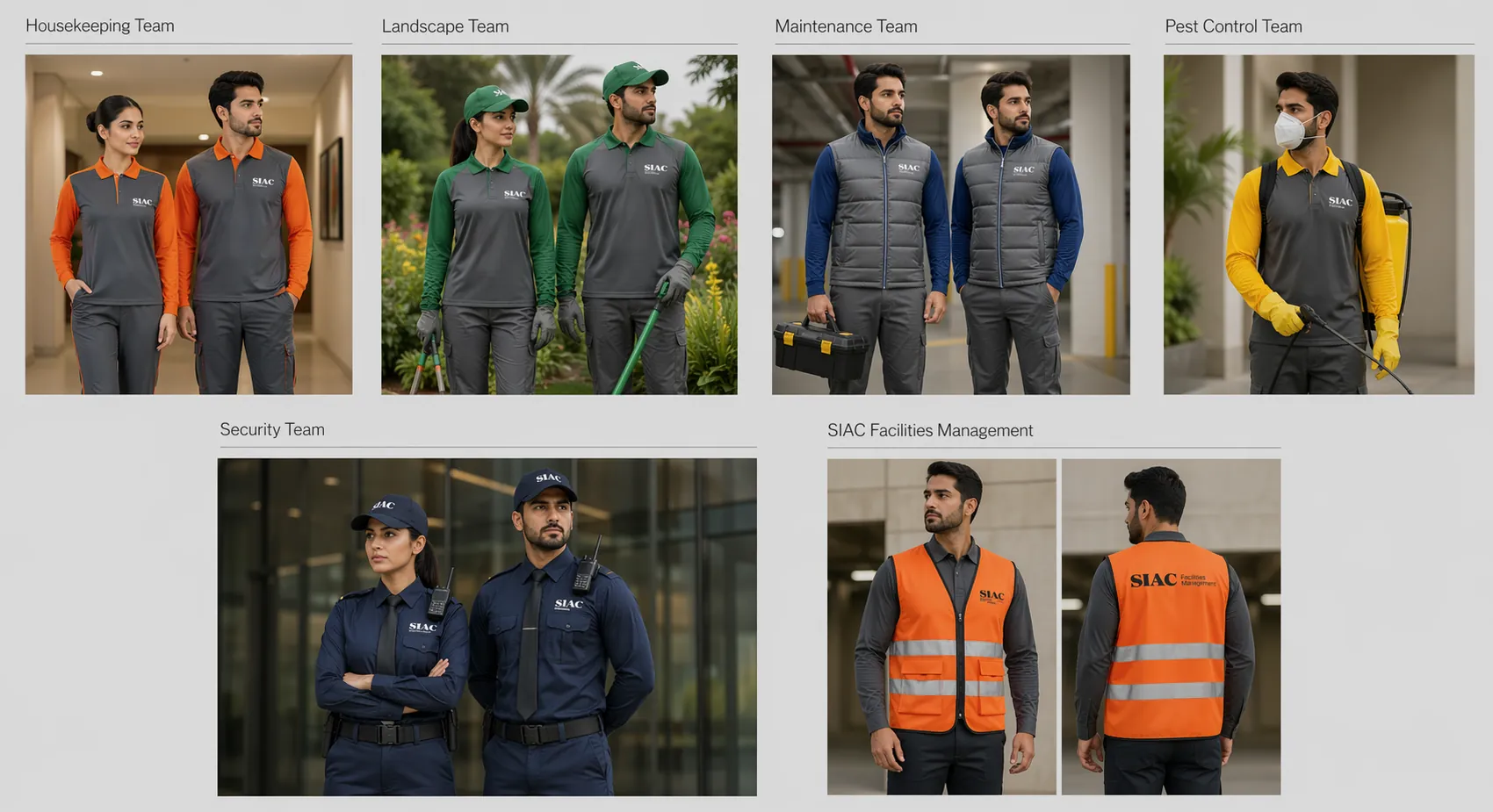 SIAC teams in role-specific uniforms: housekeeping, landscaping, maintenance, pest control and security