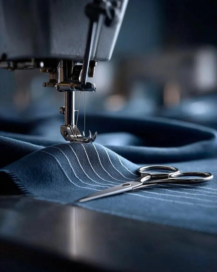 Close-up of a needle stitching navy fabric