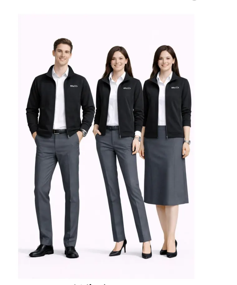 BYD showroom managers in black jackets, white shirts and grey trousers or skirt