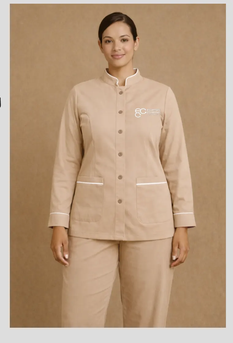 Beige stand-collar tunic and trousers with white piping