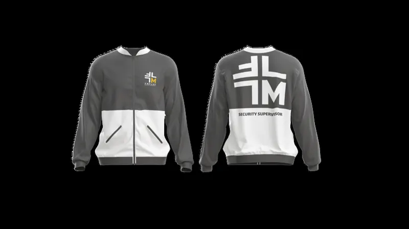 FM Plus grey and white bomber jackets, front and back