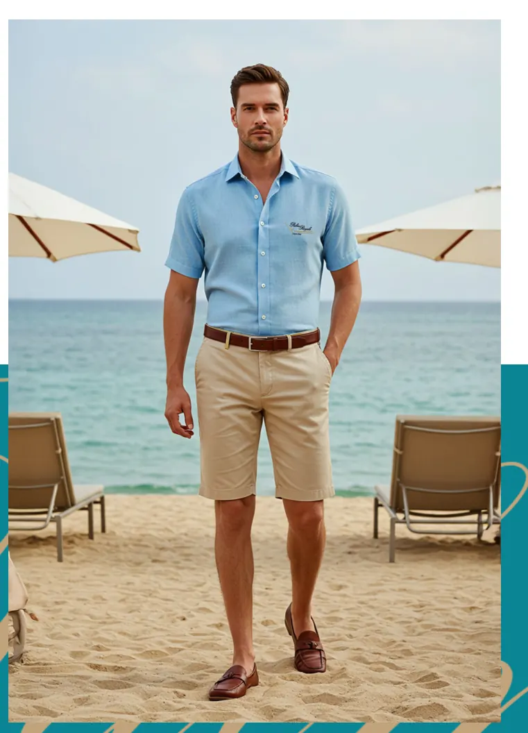 Palm Royale outdoor waiter in a light-blue linen shirt and sand shorts on the beach